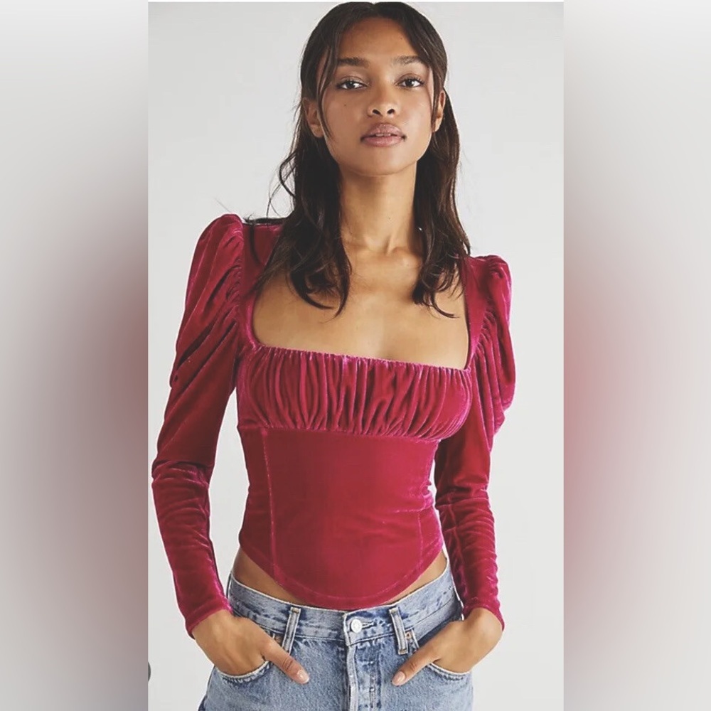 Free People Hold Me In Pink Velvet Puff Sleeve Top - Size XS